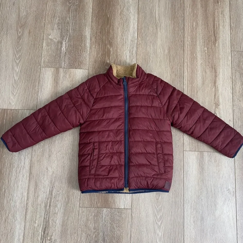 Gap Kids Reversible Puffer Sherpa Jacket Size 5 Years Brown Dark Claret